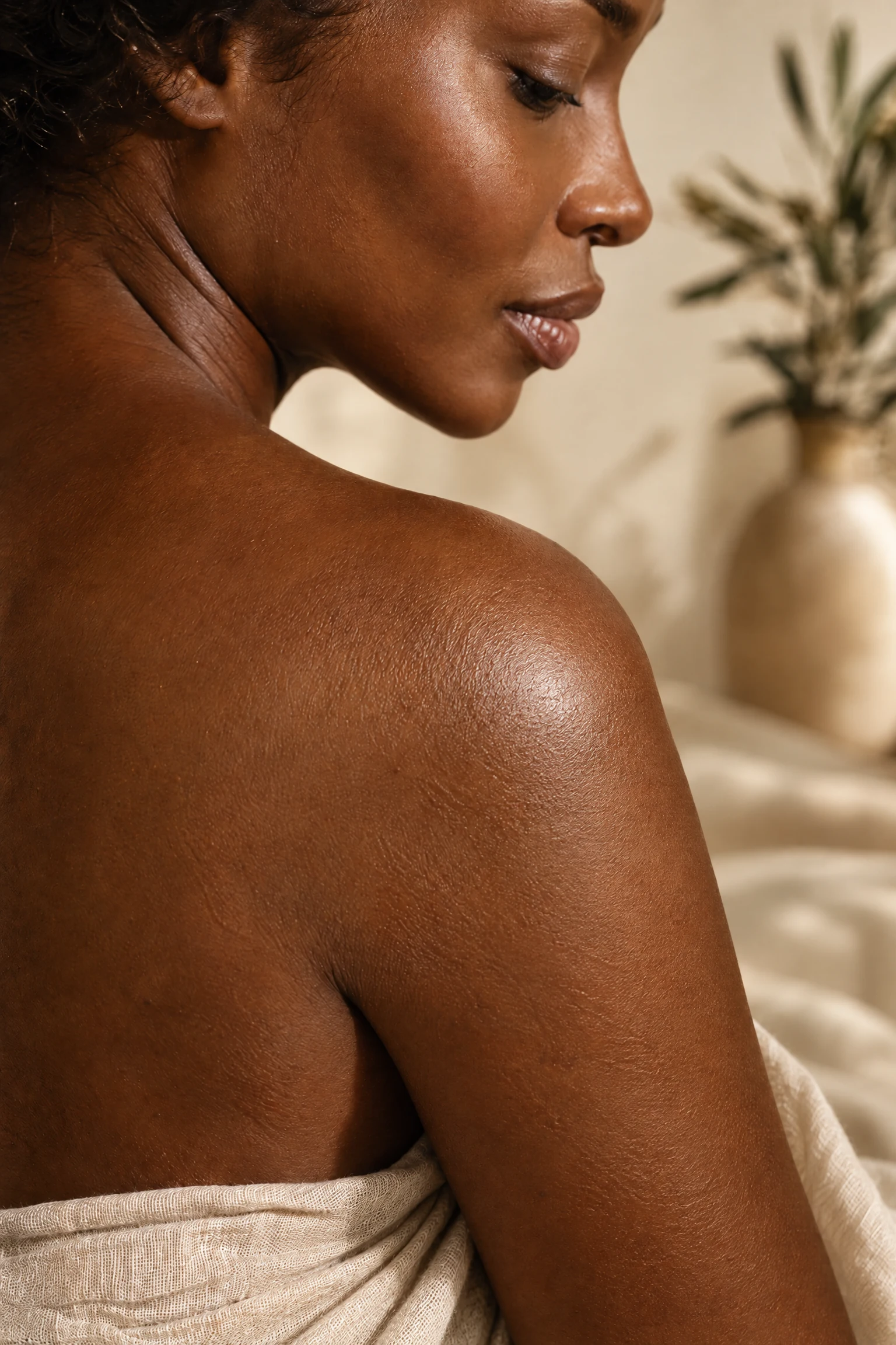 Retrato editorial de uma mulher negra com pele naturalmente iluminada, sem aparelhos médicos visíveis